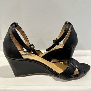 Womens Black Leather Wedge Sandals
